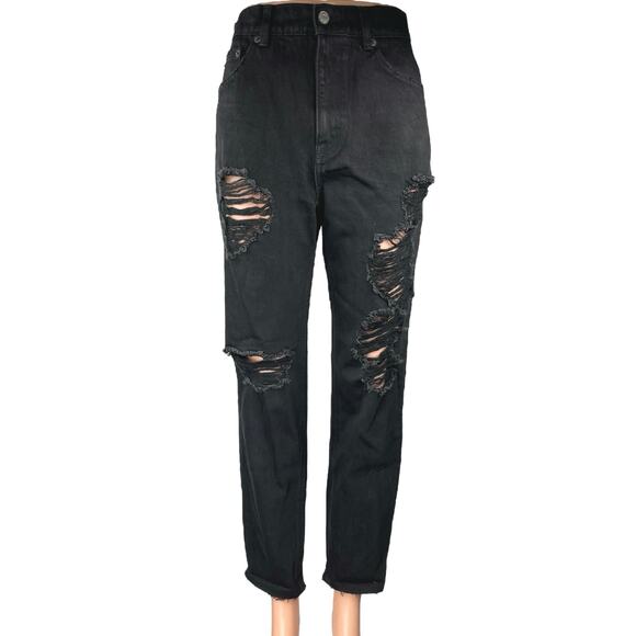 Pull & Bear Women's Black Distressed High Waisted Cropped Mom Denim Jeans Size 6 - Picture 1 of 5